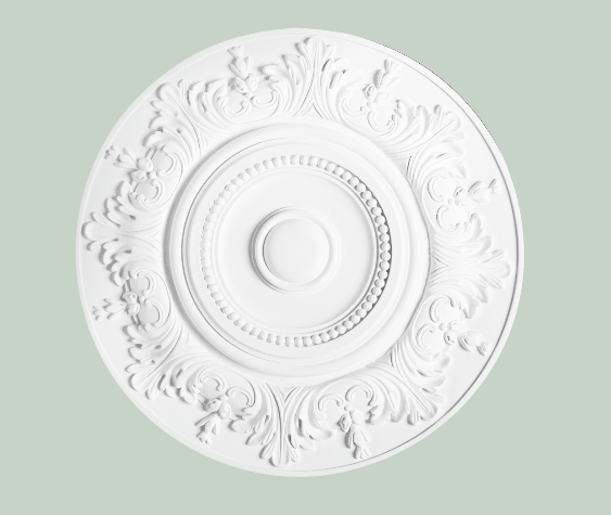 Circular rosette of low-relief foliage and flowers and rounded beads.