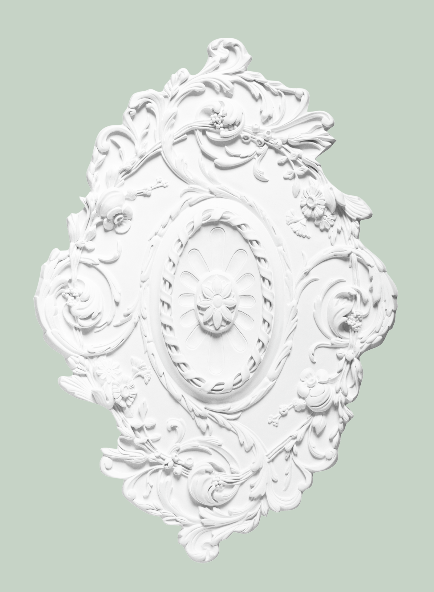 Uniquely shaped ornamental ceiling rose  - click image for larger picture.   An impressive cut of foliage and flowers for this oval recessed rosette.  Use Decofix Pro adhesive FDP500 to install. 